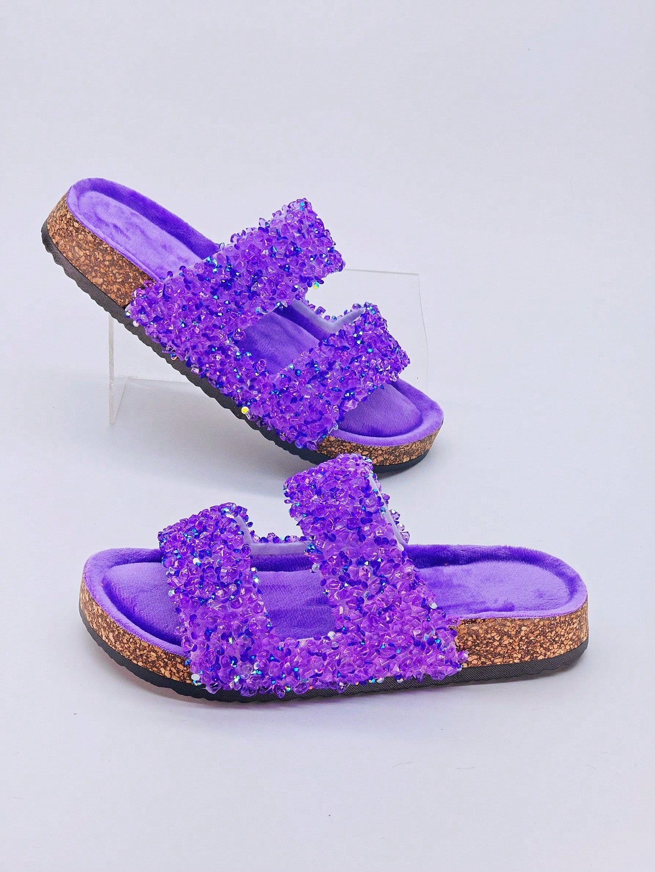 New Soft Cork Design Dual Strap Slippers With Glitter Diamond Decoration, Cushioned Footbed