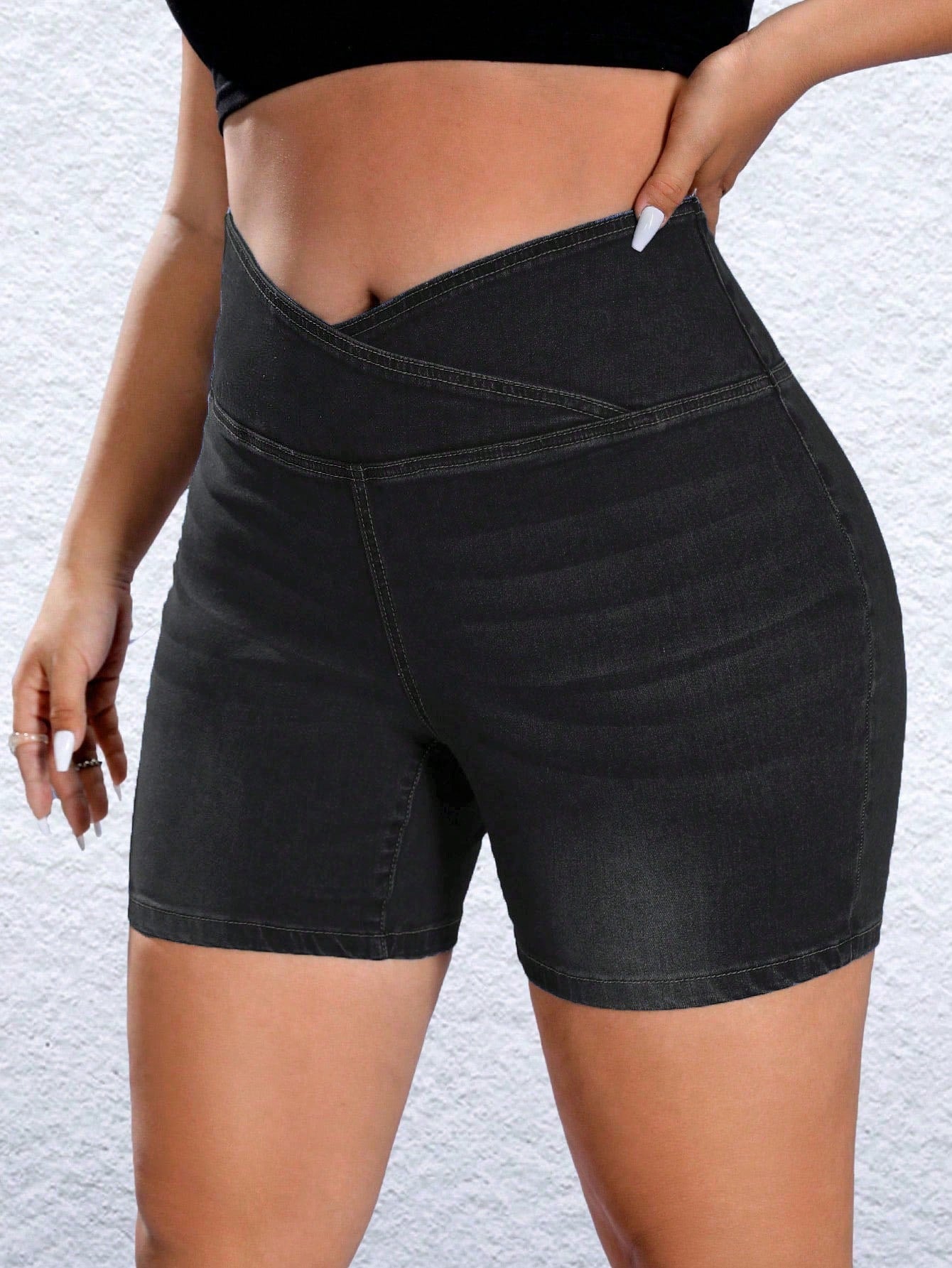 Plus Size Solid Color Asymmetrical Wrap Overlap High Waist Denim Shorts, Summer