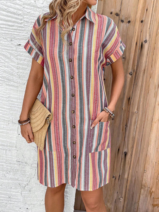 Women's Colorful Striped Printed Casual Holiday Shirt Dress With Pockets, Summer