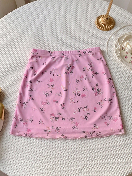 Summer Going Out Pink Floral Print Lettuce Trim Mesh Skirt