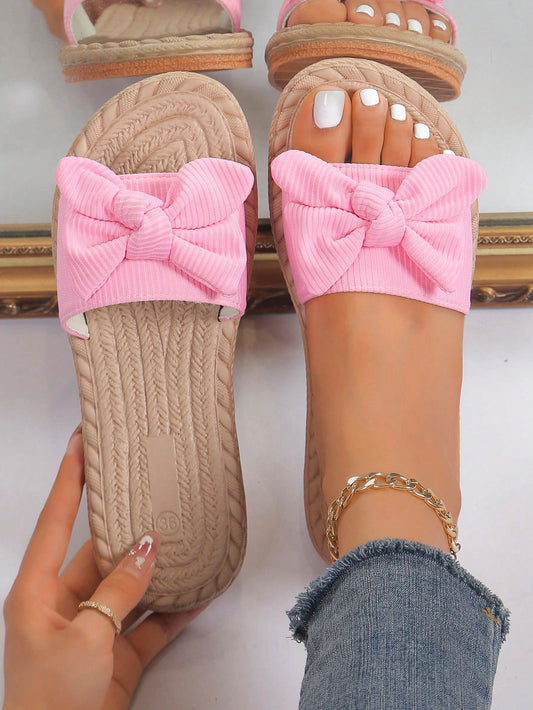 Cute Girl's Bow Striped Elements Pink Slippers, Popular Style For Casual Outing And Beach Time