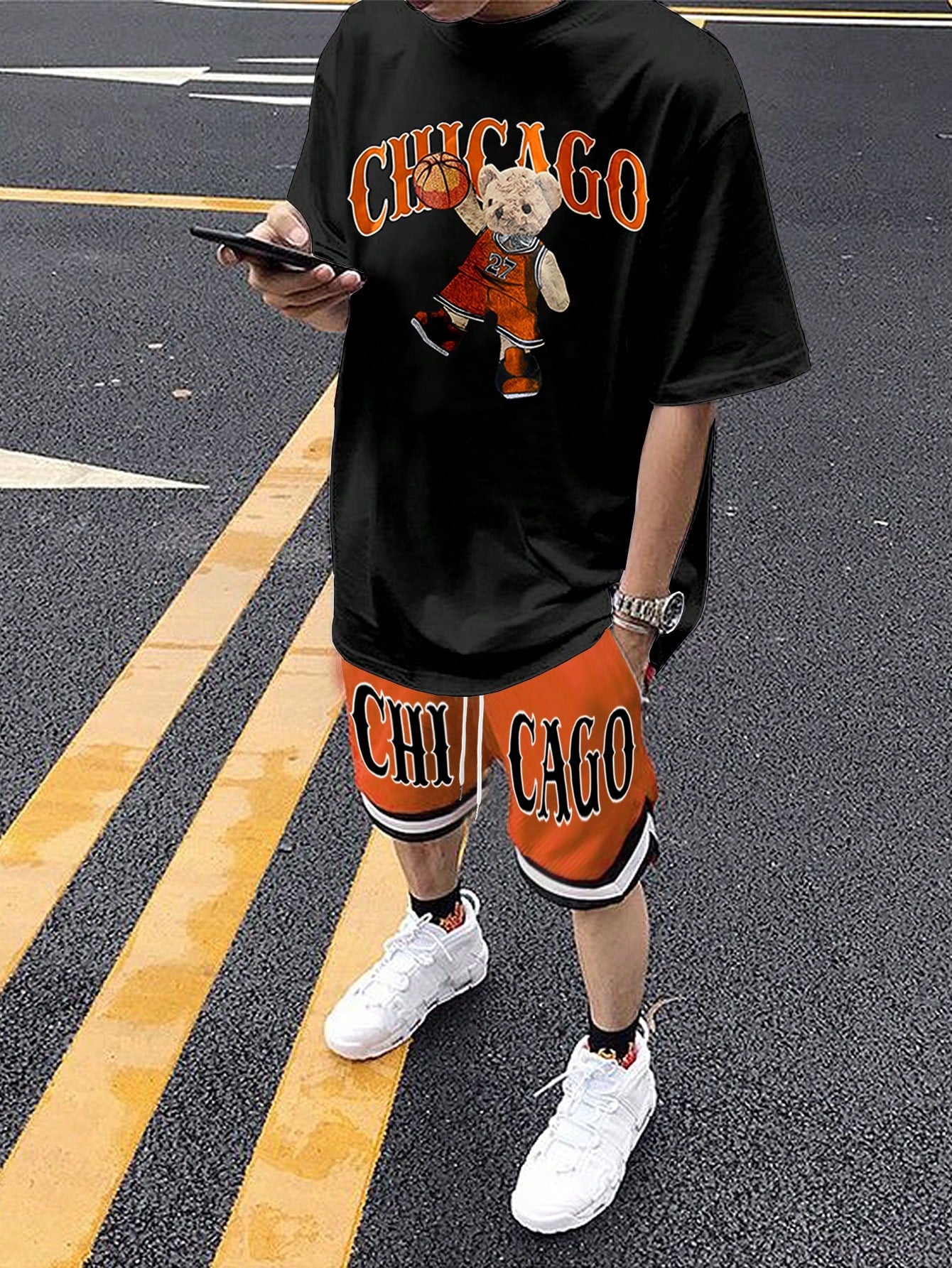 Men's Cartoon Teddy Bear & Letter Printed Oversized T-Shirt And Basketball Shorts Outfits