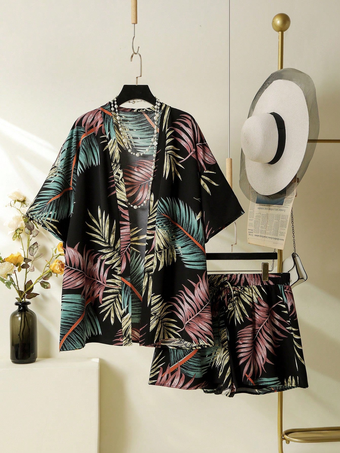 Plus Tropical Print Kimono & Shorts Without Cami Top