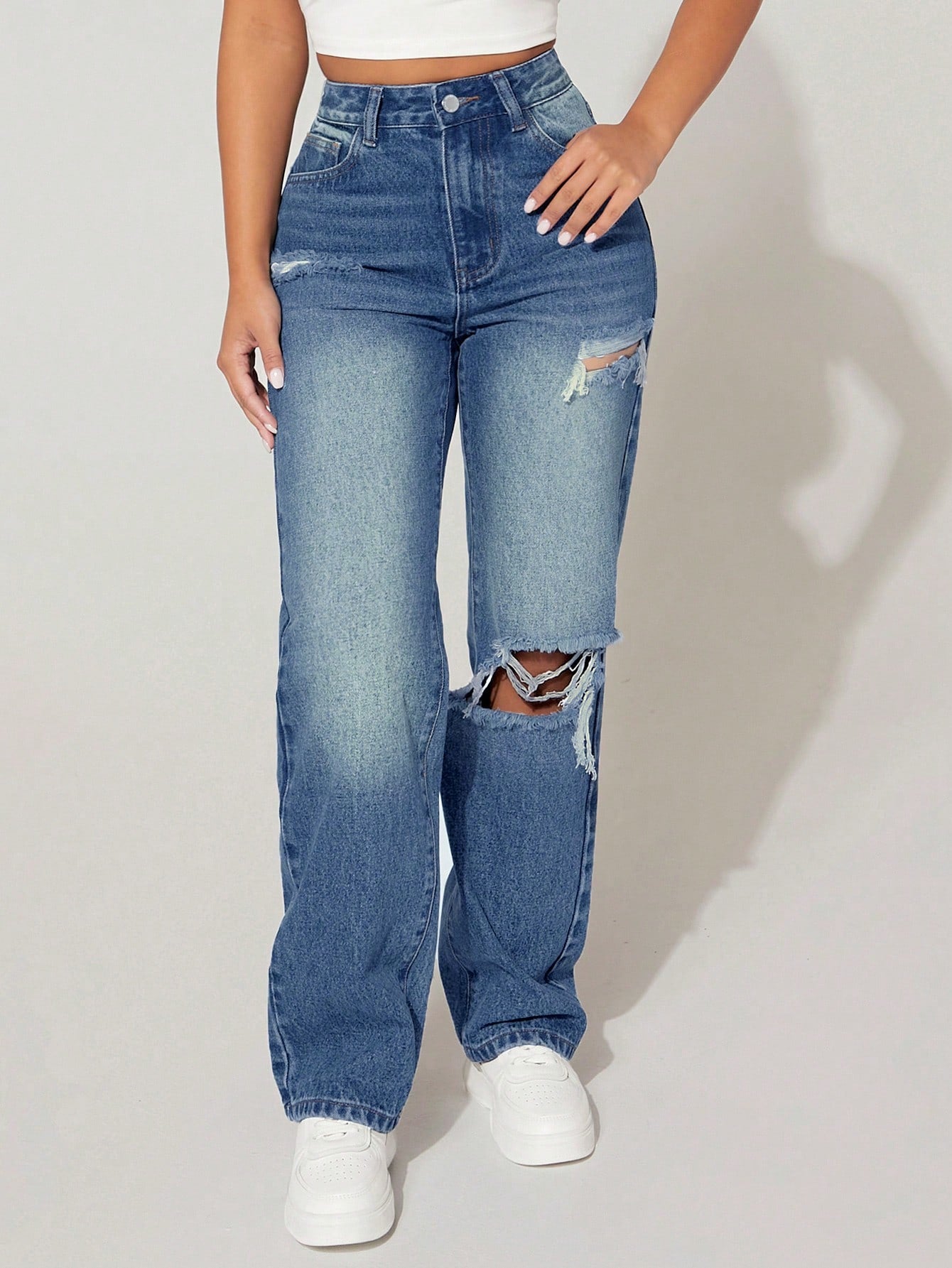 PETITE High Waist Cut Out Ripped Frayed Straight Leg Jeans