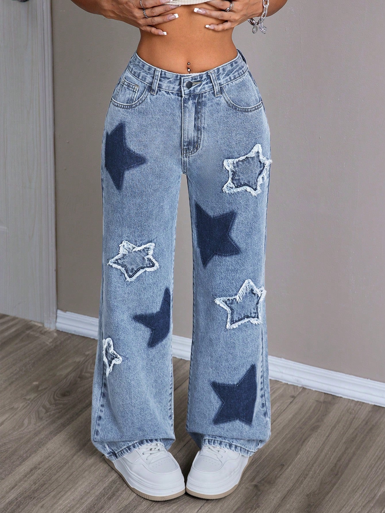 Women's Wide Leg Starry Print Jeans With Distressed Cut Design