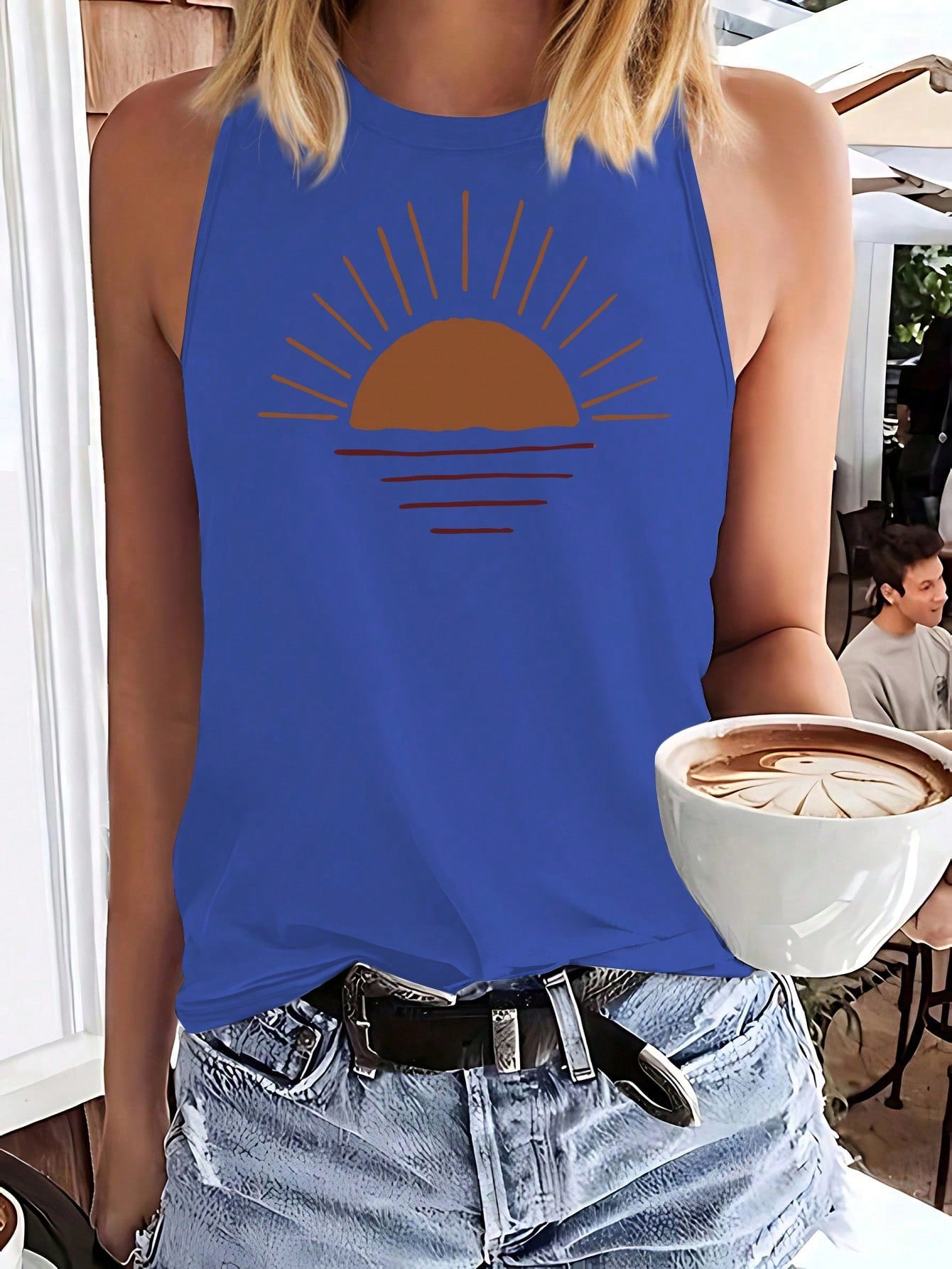 Simple Sun And Sunrise Print Casual Tank Top With Round Neckline