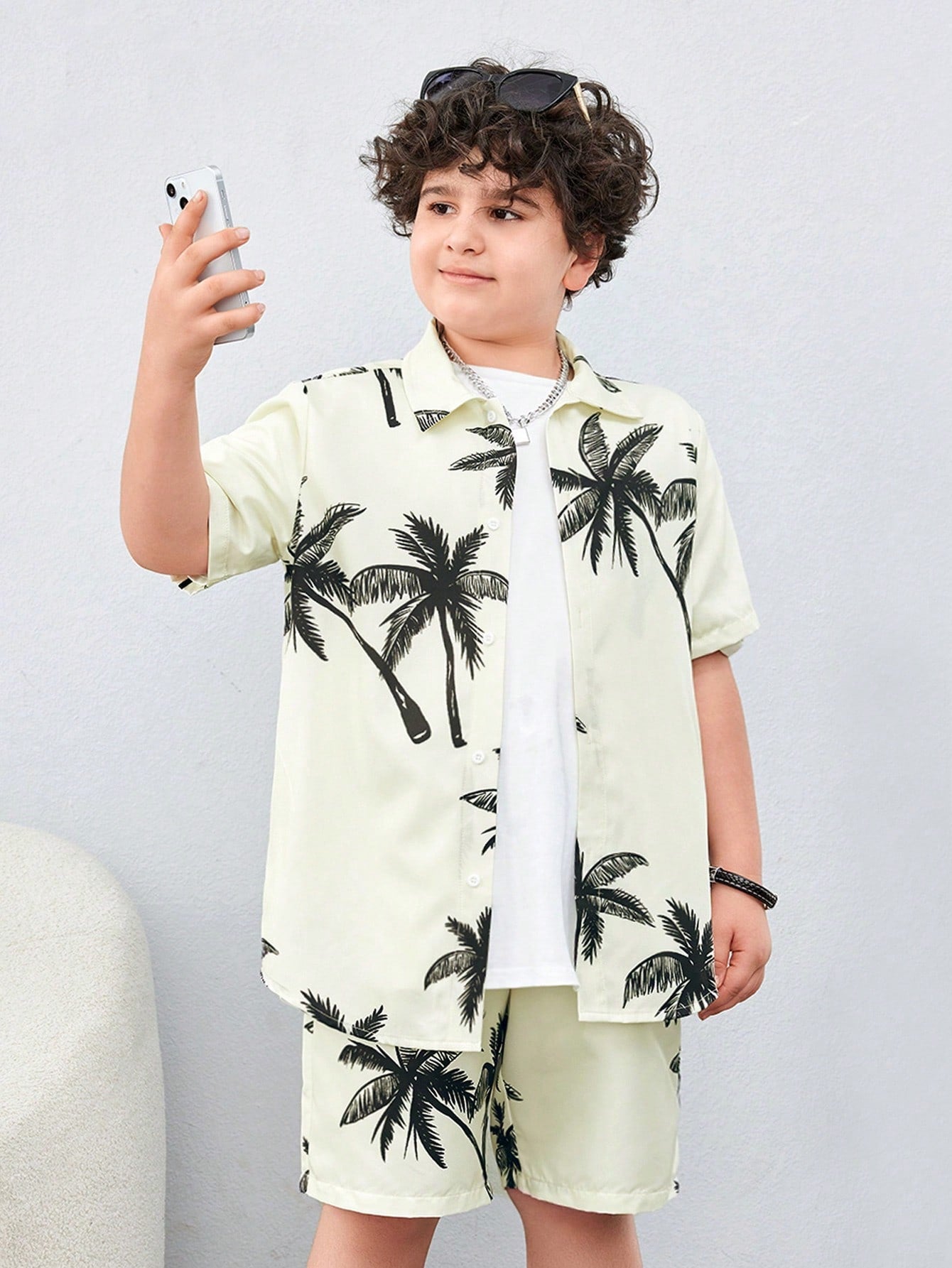 Tween Boys Extended Size Casual Coconut Tree Printed Short-Sleeve Shirt With Lapel And Shorts Weave Two-Piece Suit With Slanted Pockets