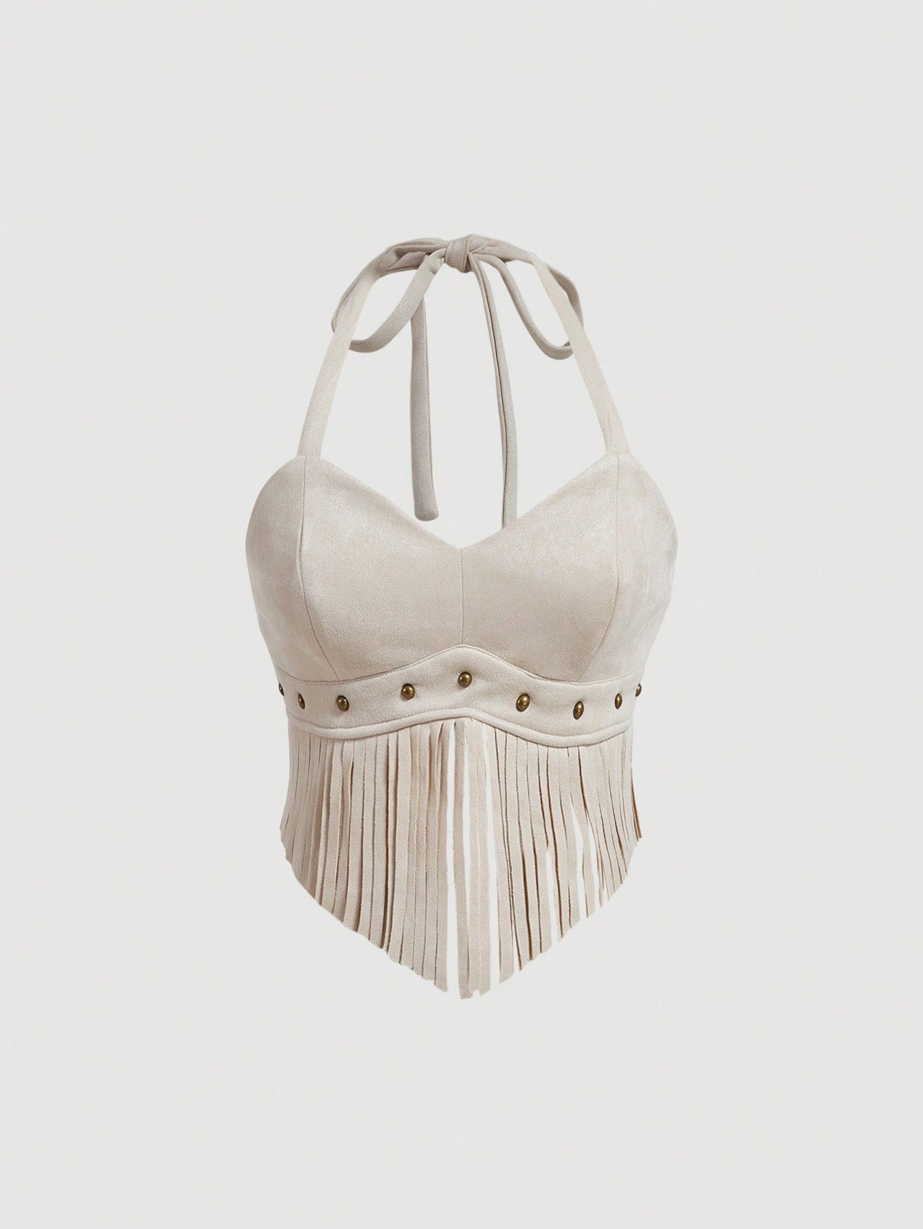 Summer Vintage Suede Halter Neck Top With Tassel Fringe Decoration