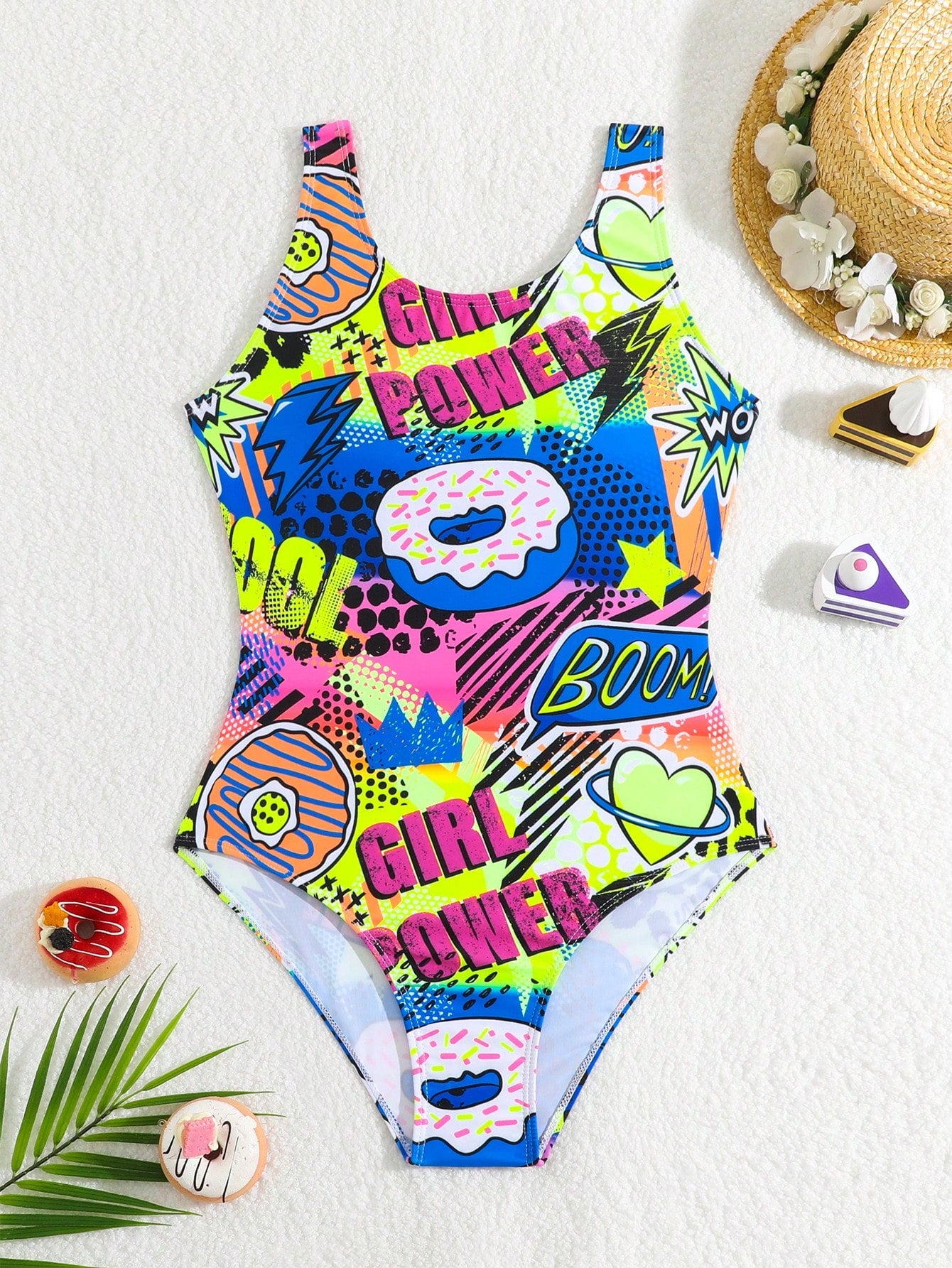 Teenage Girl Random Printed One-Piece Swimsuit, For Summer, Beach, Swimming Pool