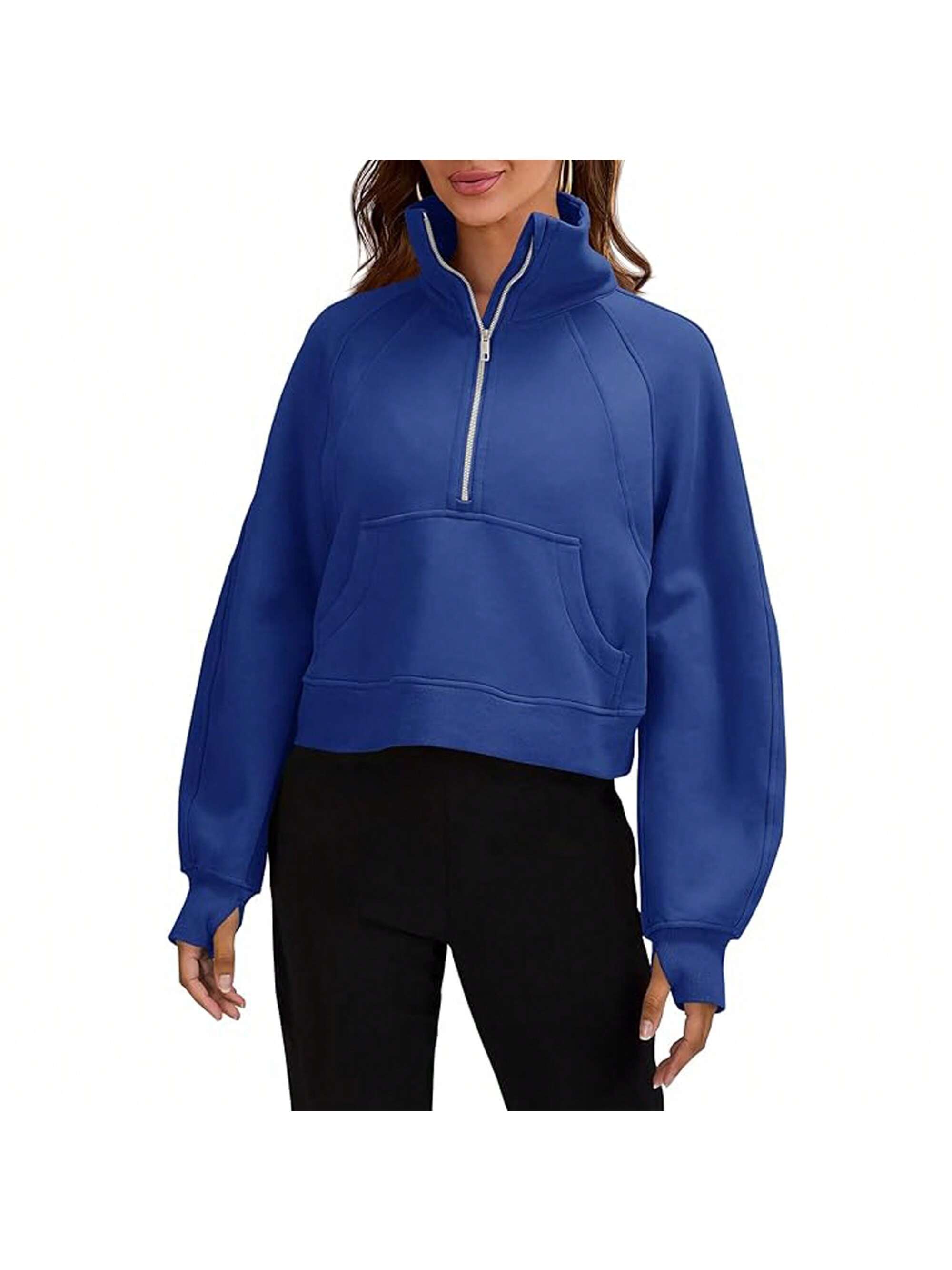 Womens Sweatshirts Half Zipper Crop Pullover Funnel Neck Fleece Lined Zip Up Long Sleeve Tops Thumb Hole