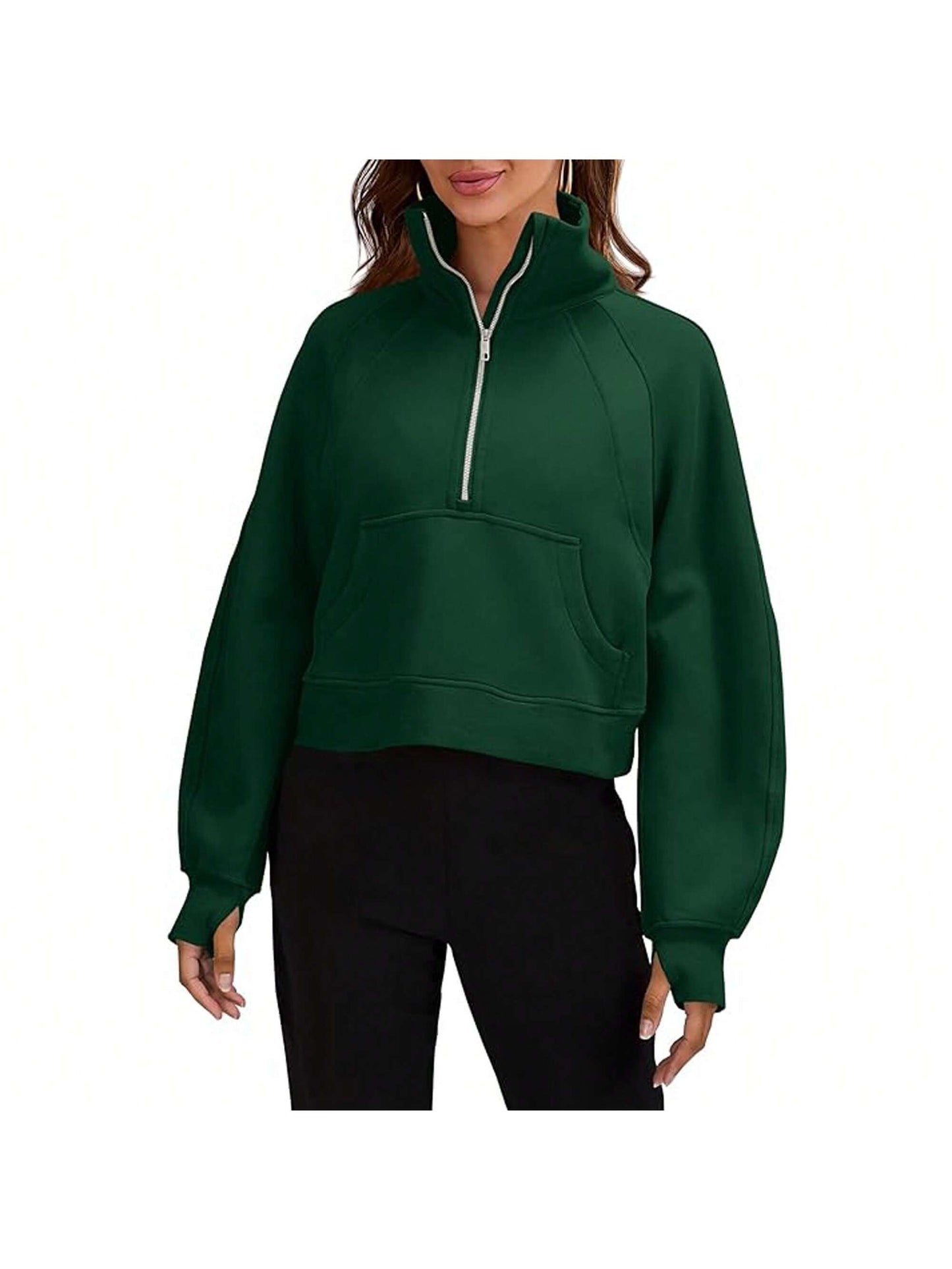 Womens Sweatshirts Half Zipper Crop Pullover Funnel Neck Fleece Lined Zip Up Long Sleeve Tops Thumb Hole