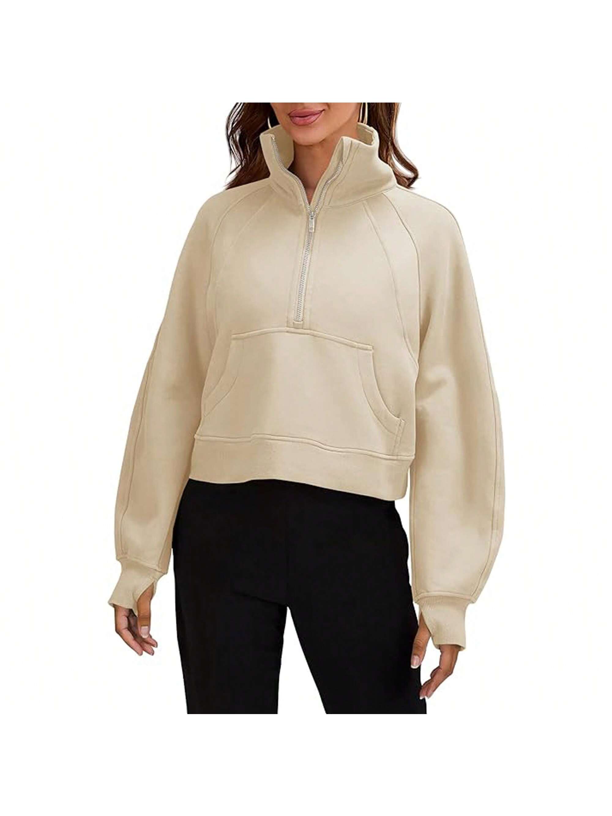 Womens Sweatshirts Half Zipper Crop Pullover Funnel Neck Fleece Lined Zip Up Long Sleeve Tops Thumb Hole