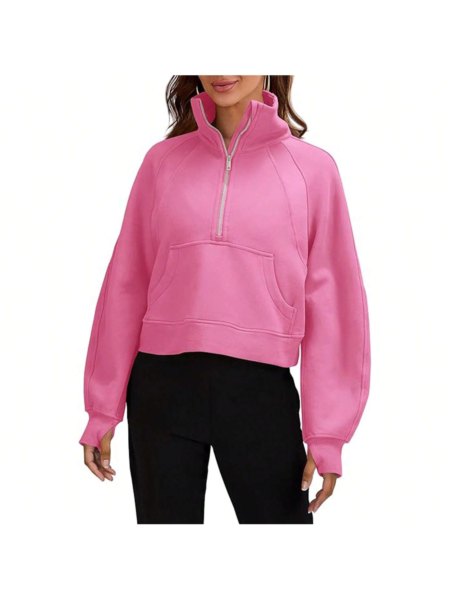 Womens Sweatshirts Half Zipper Crop Pullover Funnel Neck Fleece Lined Zip Up Long Sleeve Tops Thumb Hole