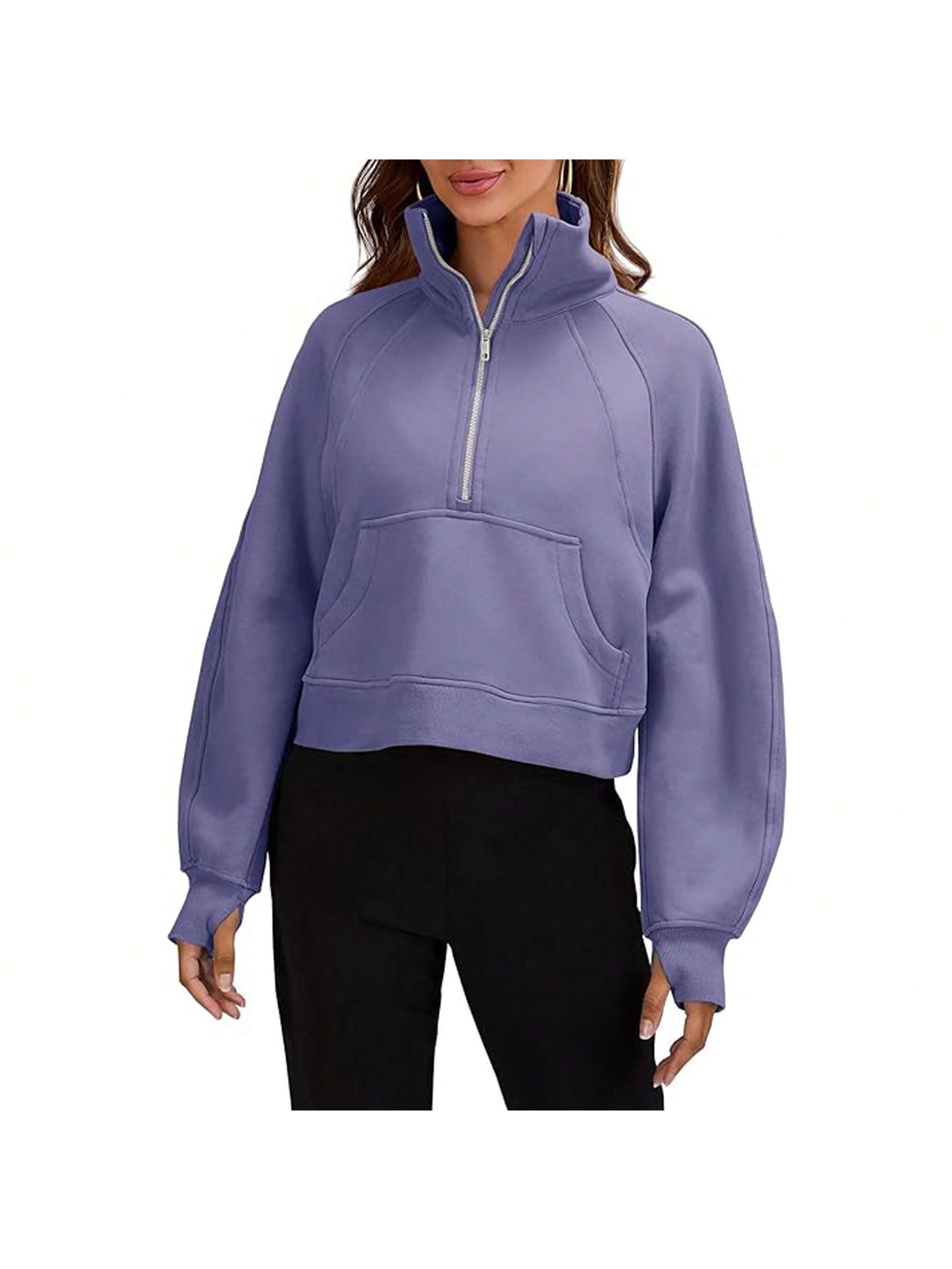 Womens Sweatshirts Half Zipper Crop Pullover Funnel Neck Fleece Lined Zip Up Long Sleeve Tops Thumb Hole