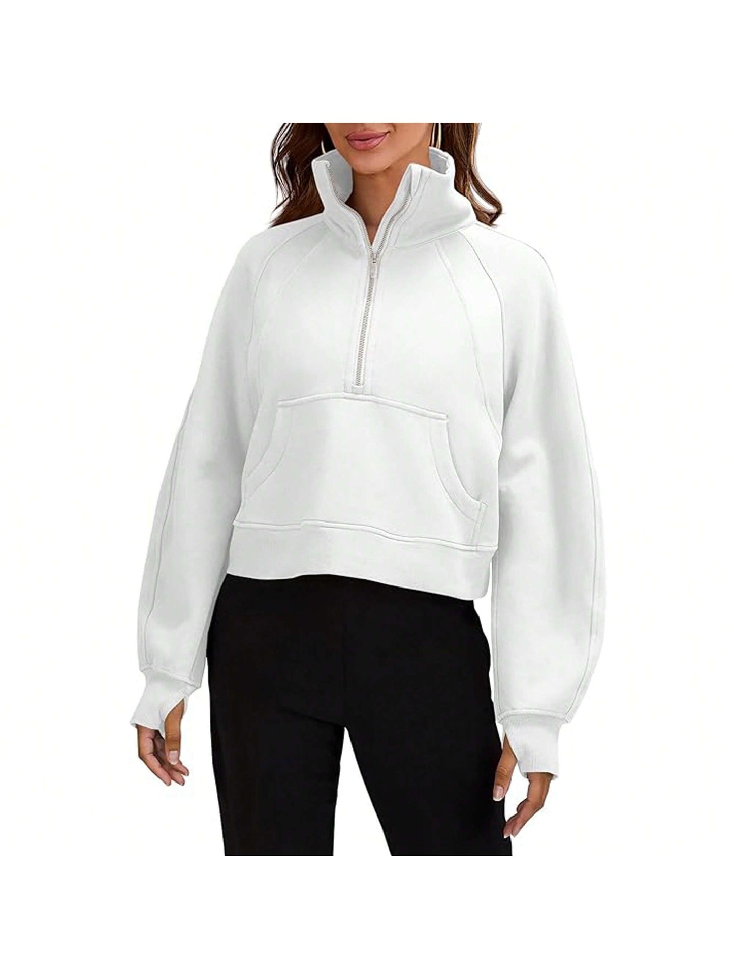 Womens Sweatshirts Half Zipper Crop Pullover Funnel Neck Fleece Lined Zip Up Long Sleeve Tops Thumb Hole