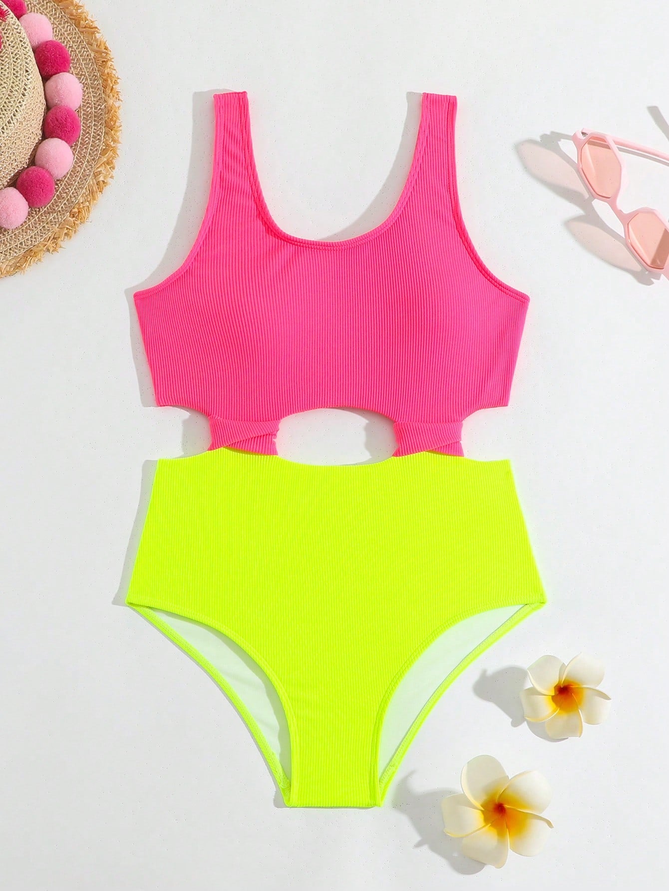 Tween Girl Fashionable Color Block Neon Hollow Out One-Piece Swimsuit Bathing Suit For Vacations