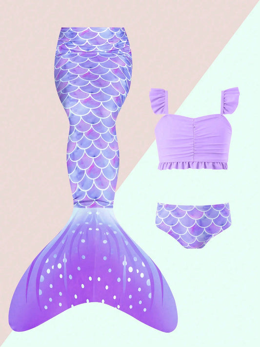 Young Girl Bikini Set With Fish Scale Print, Ruffle Top & Mermaid Tail Design Bottom, Spring/Summer Summer Beach