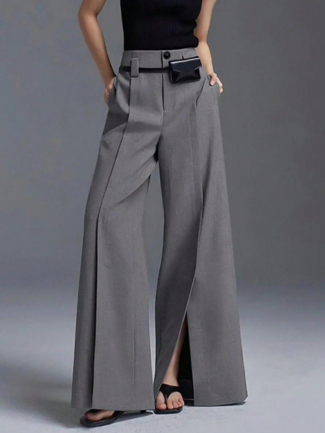 Casual Grey Slit Wide Leg Pants