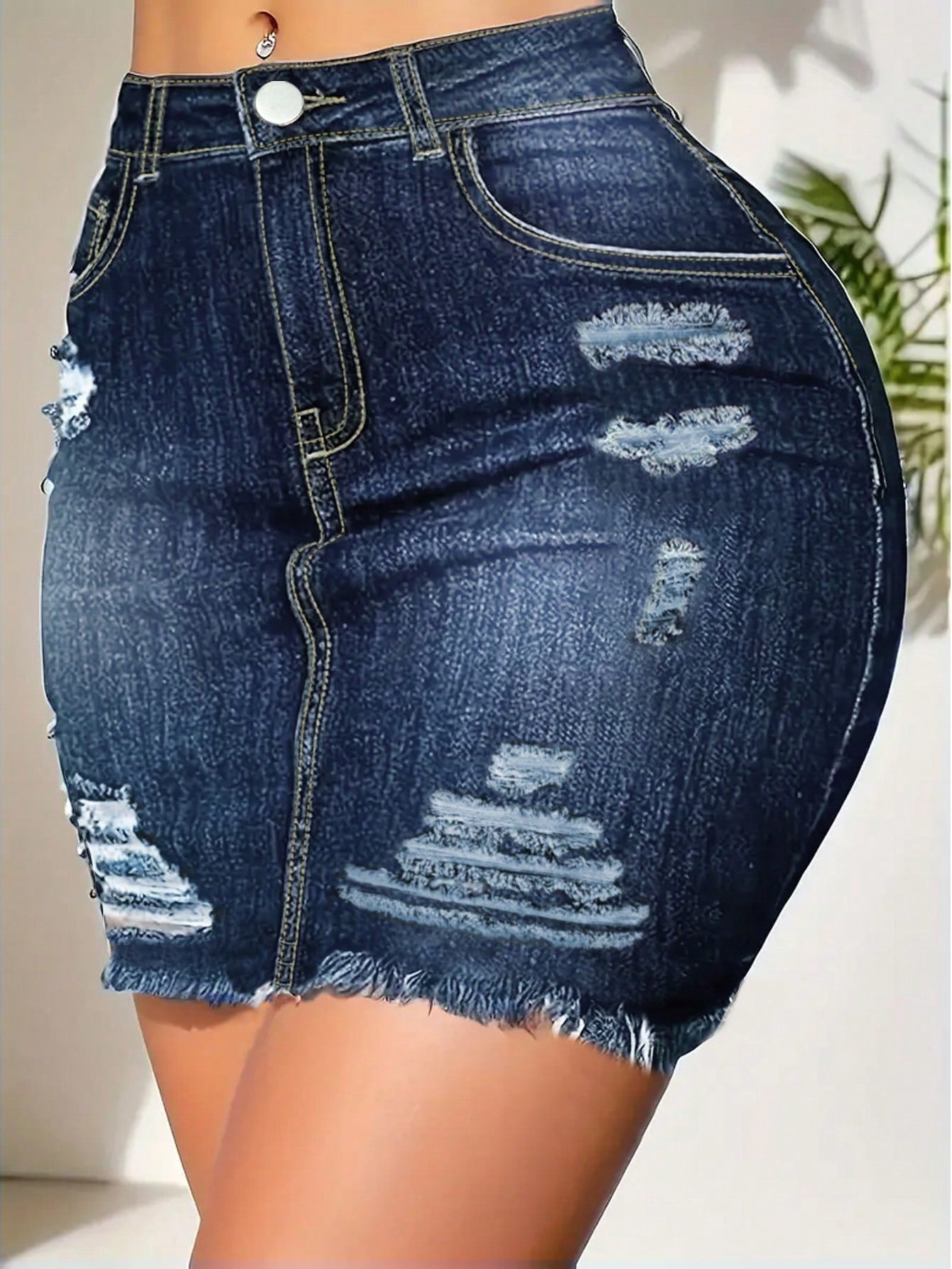 Summer Distressed Frayed Hem Stretchy Bodycon Denim Skirt