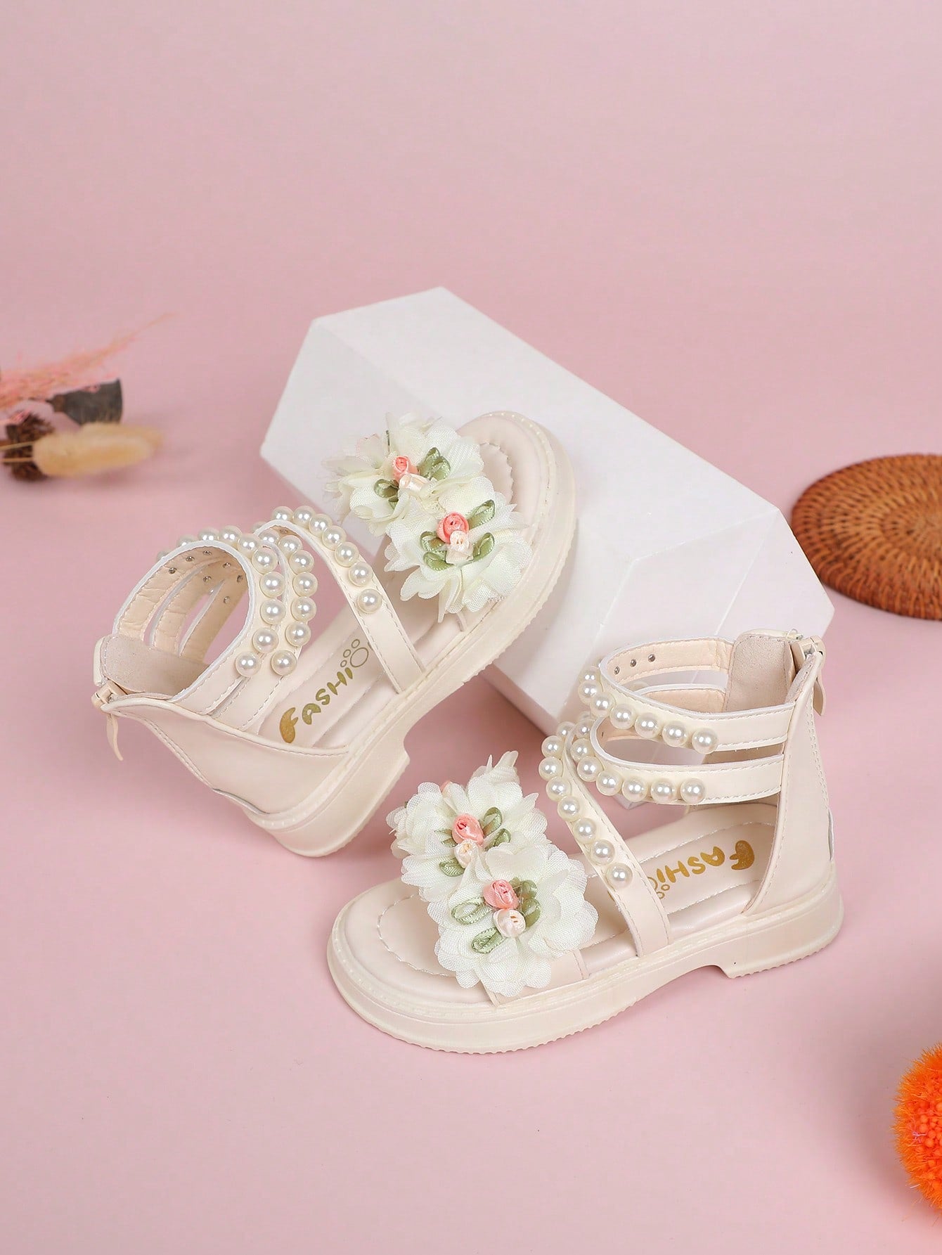 Girls' Flat Sandals With Flowers, Pearls, Zipper & Platform, Suitable For Toddlers, Little Kids, Big Kids