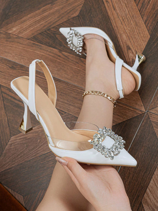 Women's Pointed Toe High Heels With Rhinestone Decoration, Elegant Outdoor/Party/Meeting Spring Summer White PU Slingback Pumps