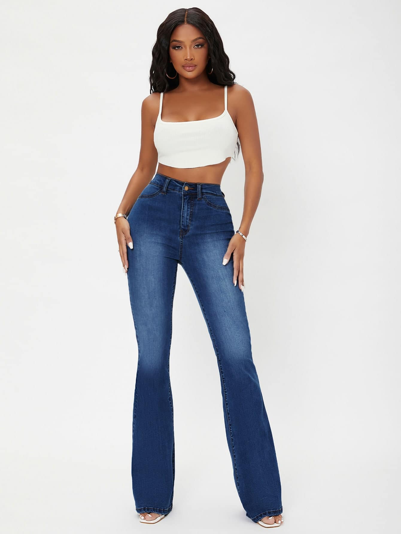 White Casual Curvy High Waist Flare Leg Jeans