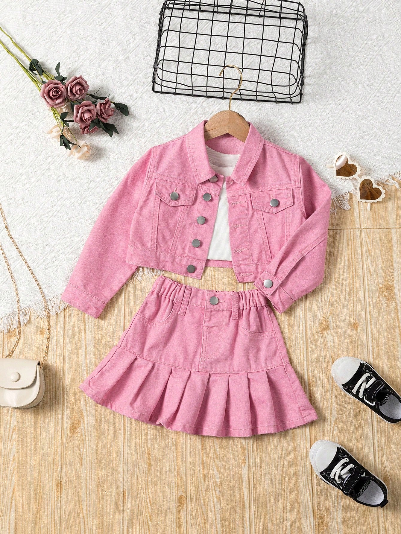 Young Girl Flap Detail Denim Jacket & Pleated Skirt Without Tee