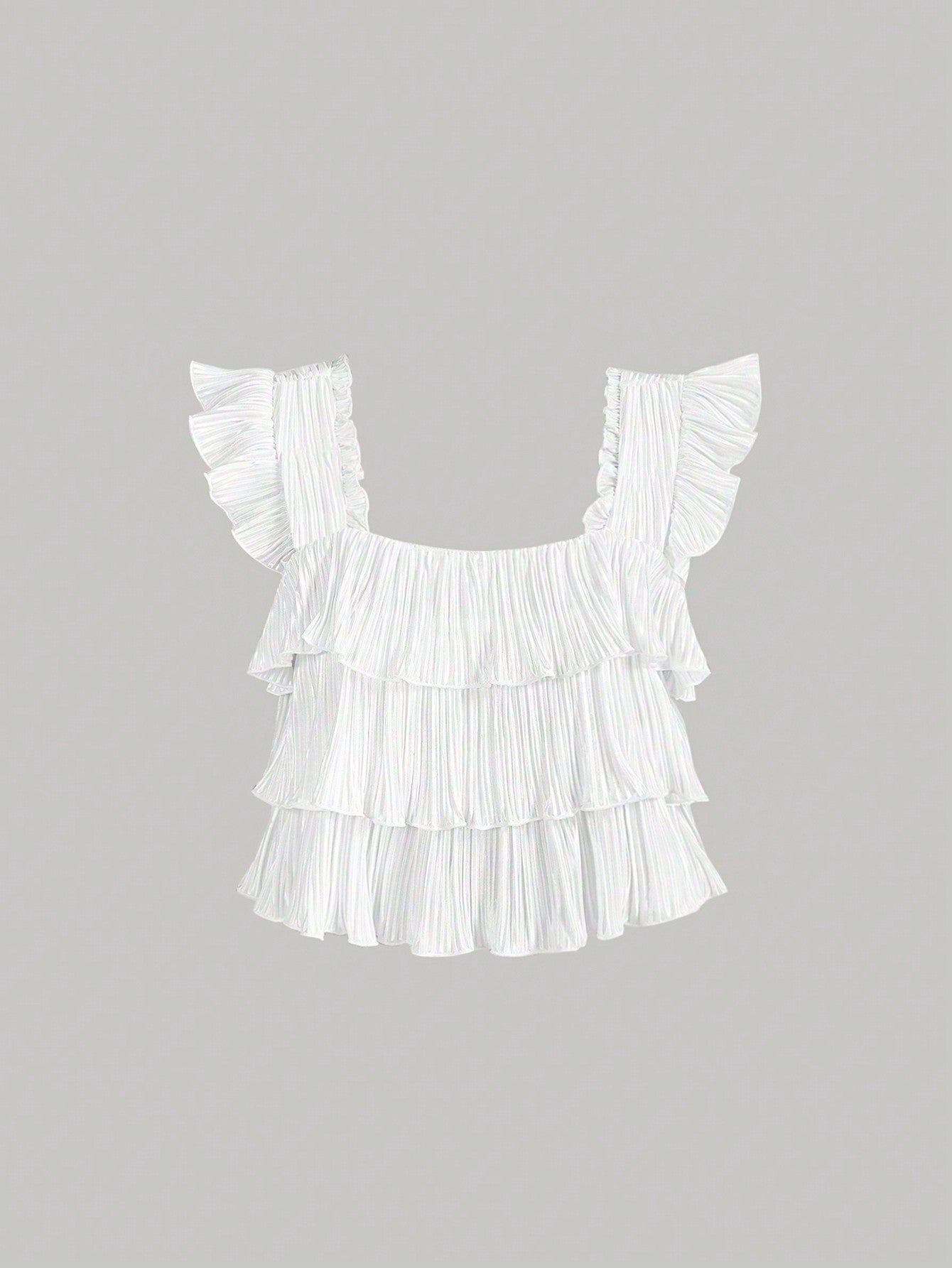 White Pleated Ruffle Trim Cute Romantic Girls Summer Blouse