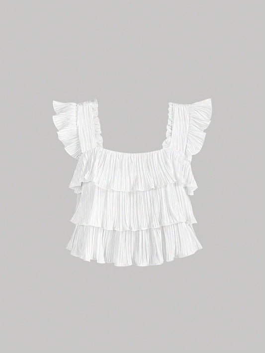 White Pleated Ruffle Trim Cute Romantic Girls Summer Blouse