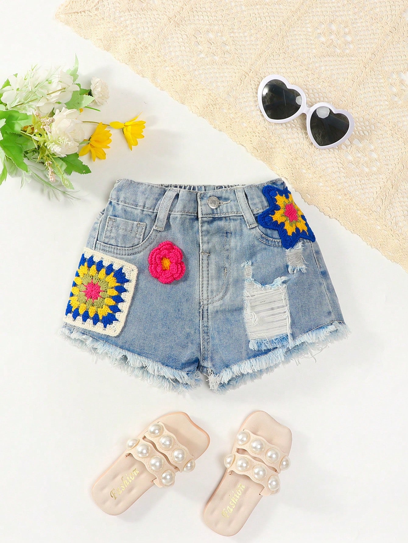 Young Girl Vintage Casual Vacation Crochet Flower And Embroidered Shorts With Distressed Cutout And Washed Denim, Light Blue