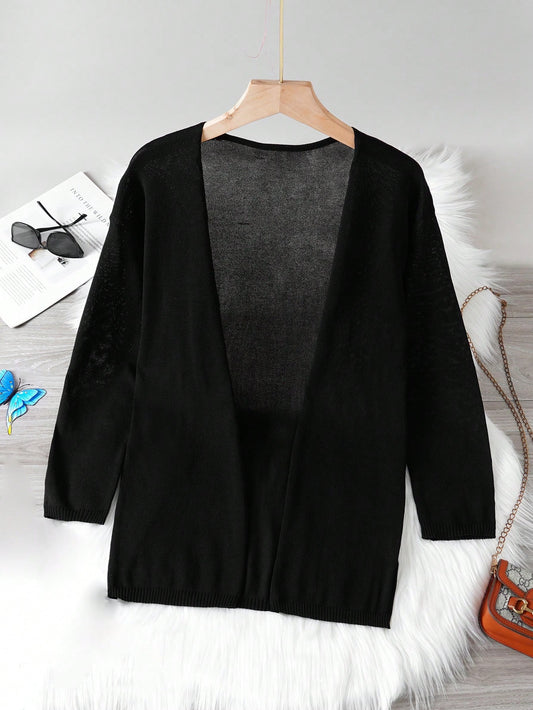 Tween Girl Spring/Summer Solid Color Oversized Drop-Shoulder Long Sleeve Cardigan With Open Front