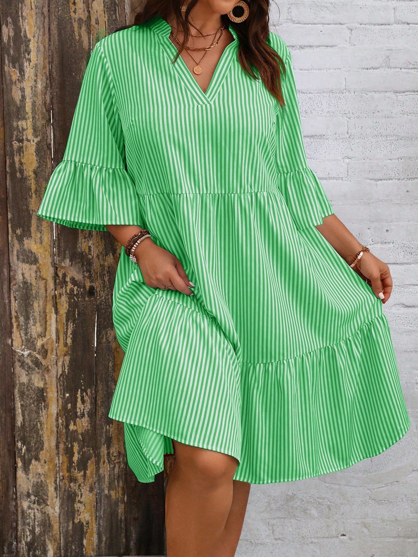 Plus Size Striped Printed Dress With Notched Neckline And Ruffled Hemline For Summer