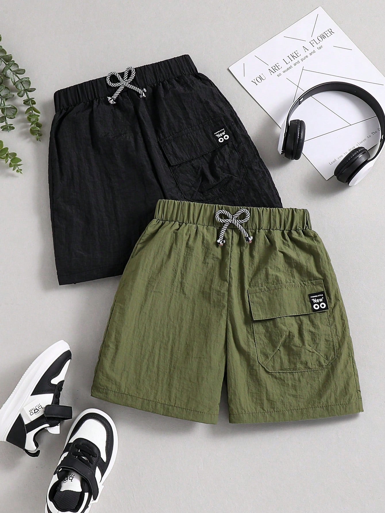 Tween Boy Summer Casual Solid Color Cargo Shorts 2pcs/Set