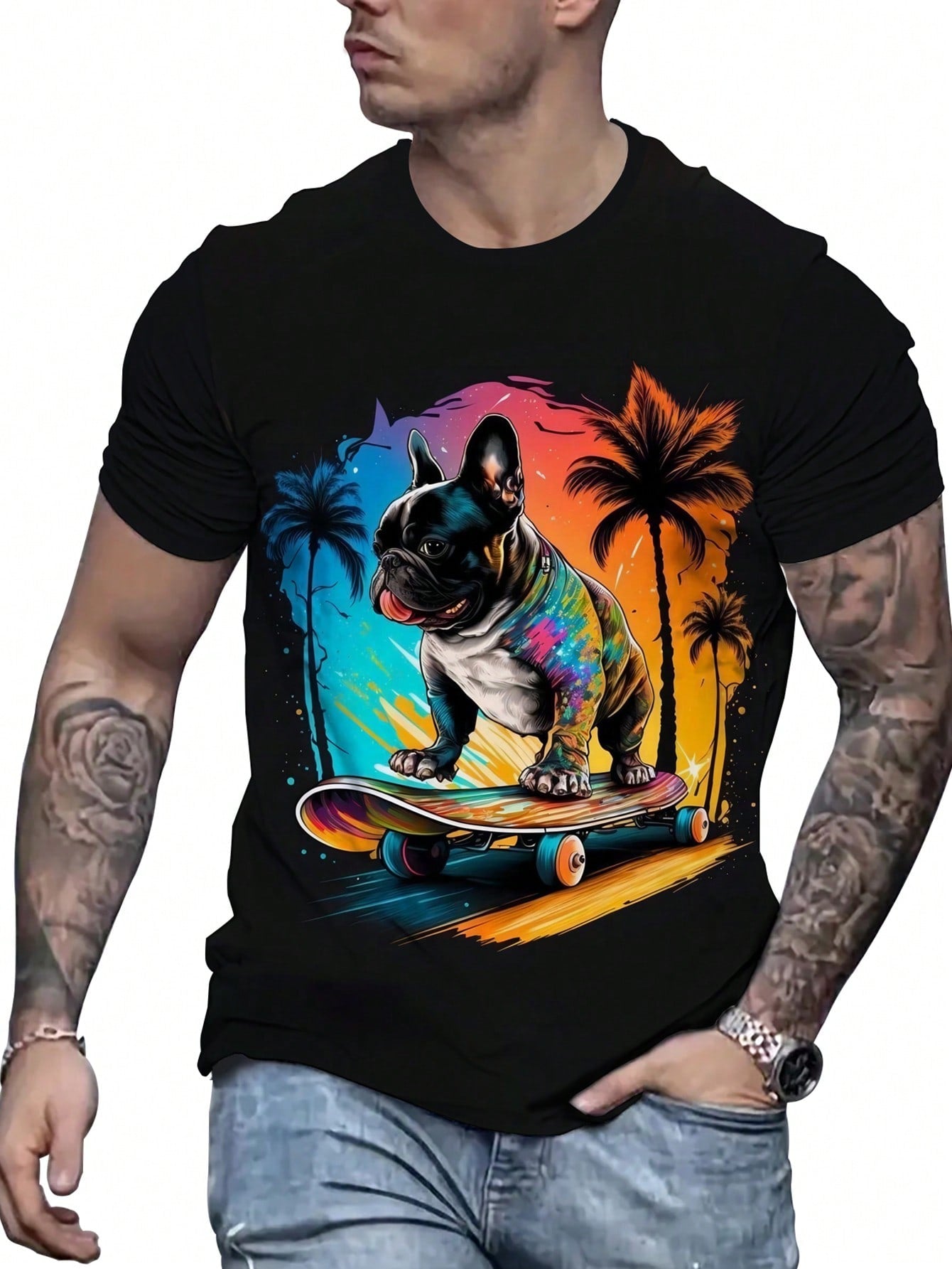 Plus Size Men's Casual Dog & Palm Tree Print Short Sleeve Round Neck T-Shirt, Summer