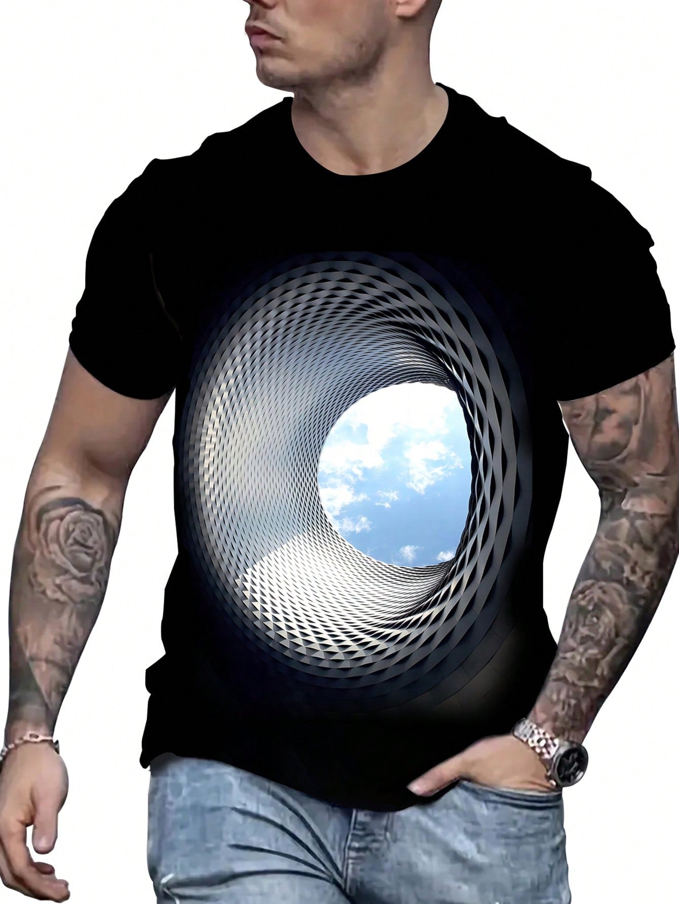 Plus Size Men's Casual Sky Print Round Neck Short Sleeve T-Shirt