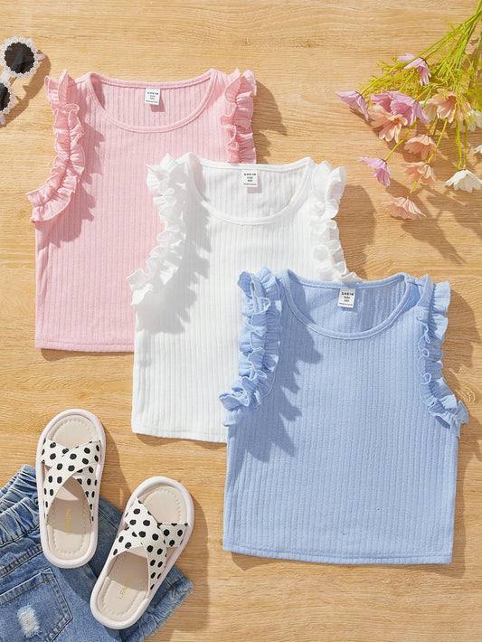 Young Girl Knitted Solid Color Sleeveless Top With Ruffle Hem, Three-Piece Set