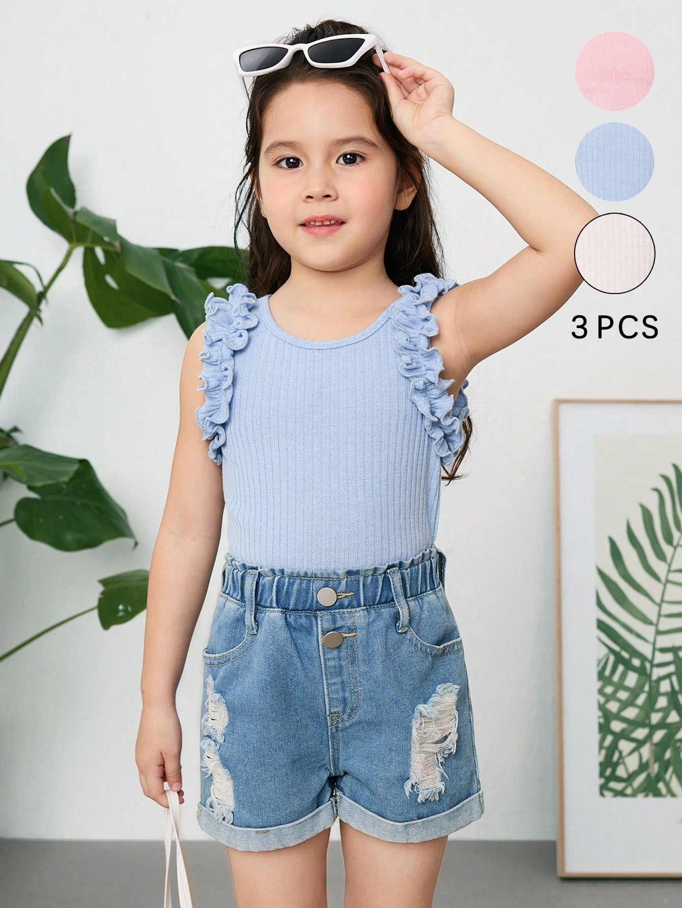 Young Girl Knitted Solid Color Sleeveless Top With Ruffle Hem, Three-Piece Set