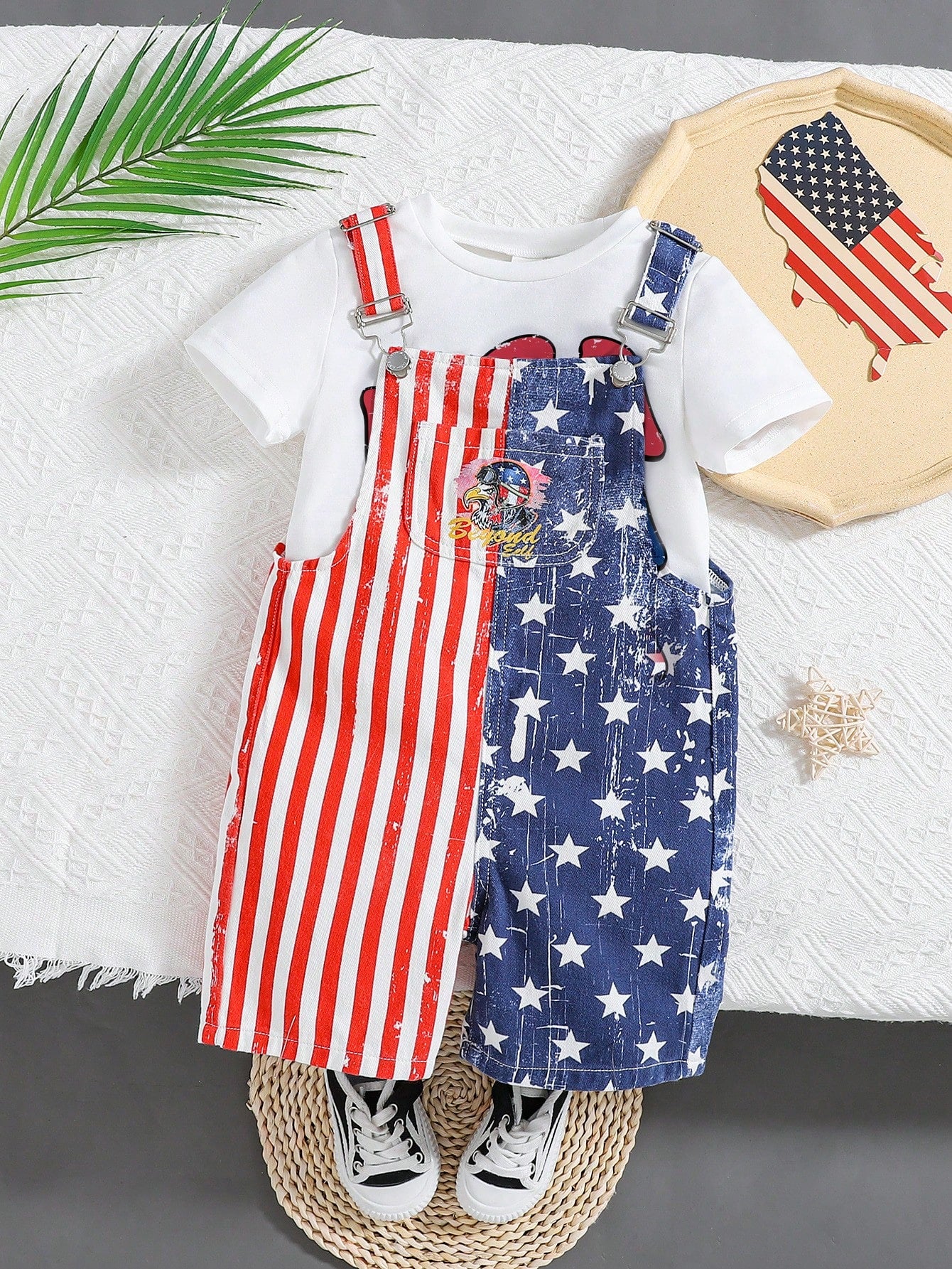 4th Of July Kids USA Independence Day Young Boy Casual Fashion Eagle Pattern Flag Day Blessing Print All Fashion Street Novel Cotton Comfort Baggy Denim Overalls For Summer Vacation And Dailywear