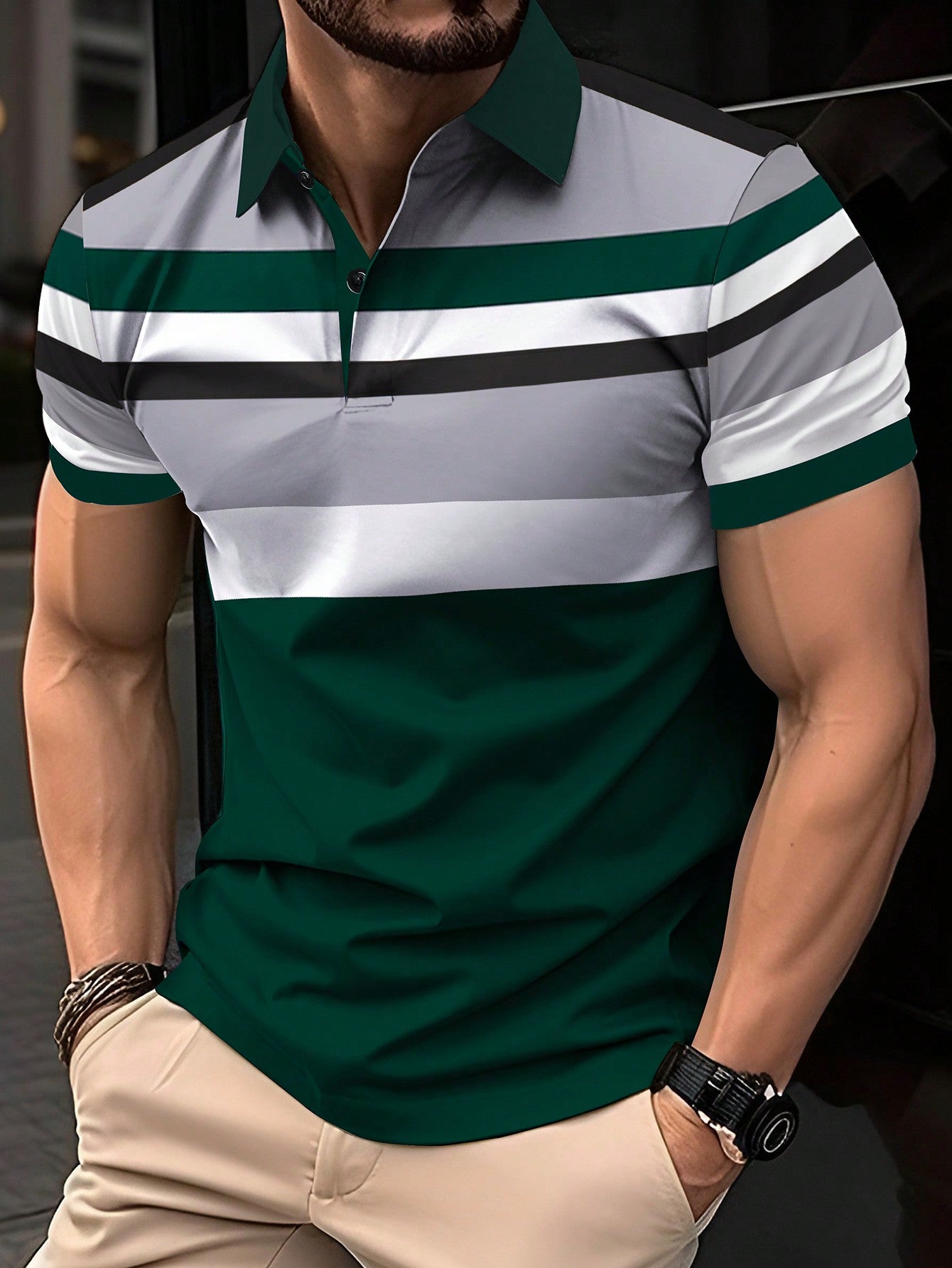 Men's Fashionable Striped Short Sleeve Polo Shirt, Simple Style