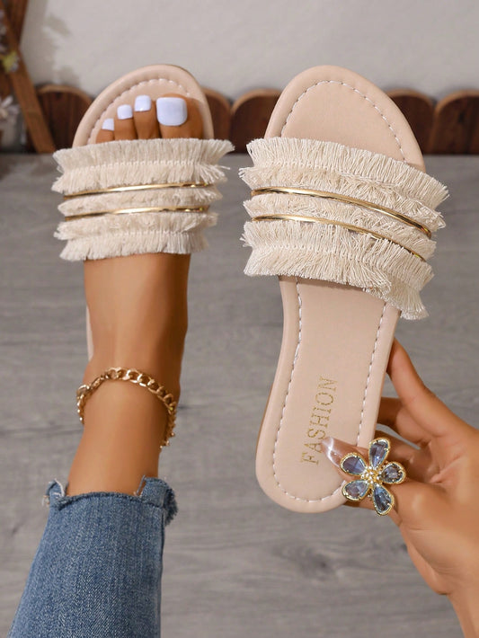 Ladies' Vacation Style Fringed Flat Sandals, Beach Summer Open-Toe Slippers For Women