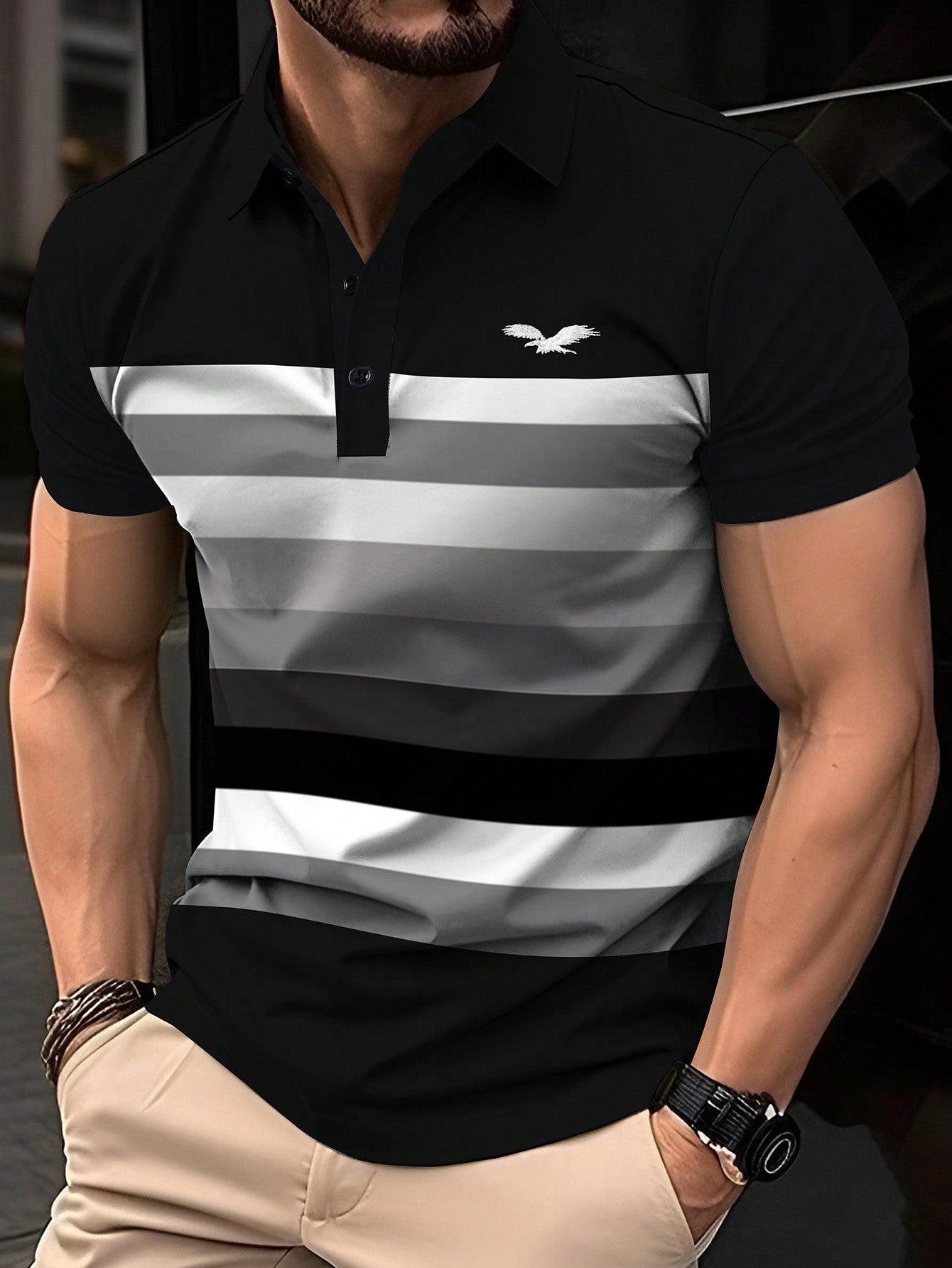 Men's Fashion Contrast Color Striped Short-Sleeved Polo Shirt