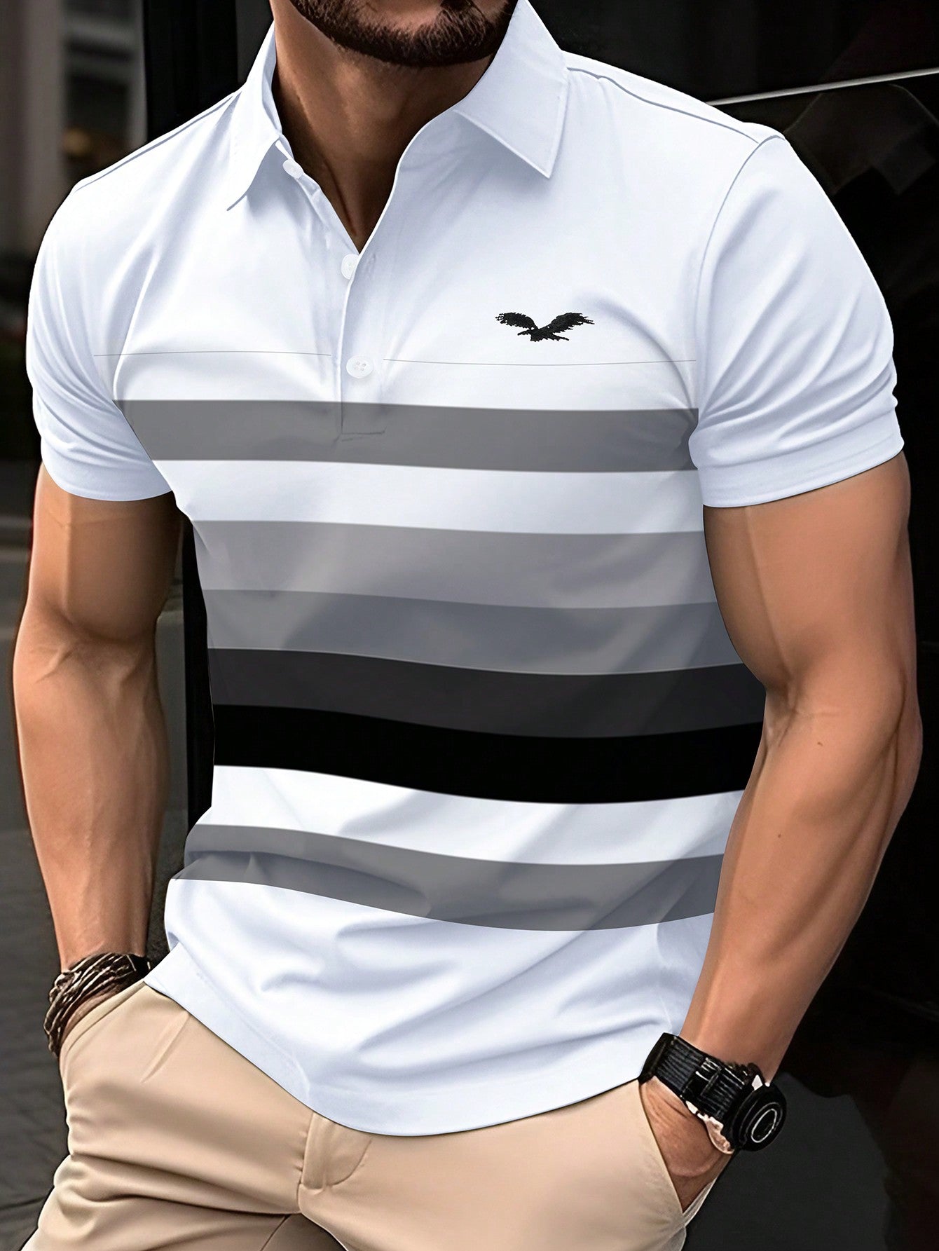 Men's Fashion Contrast Color Striped Short-Sleeved Polo Shirt