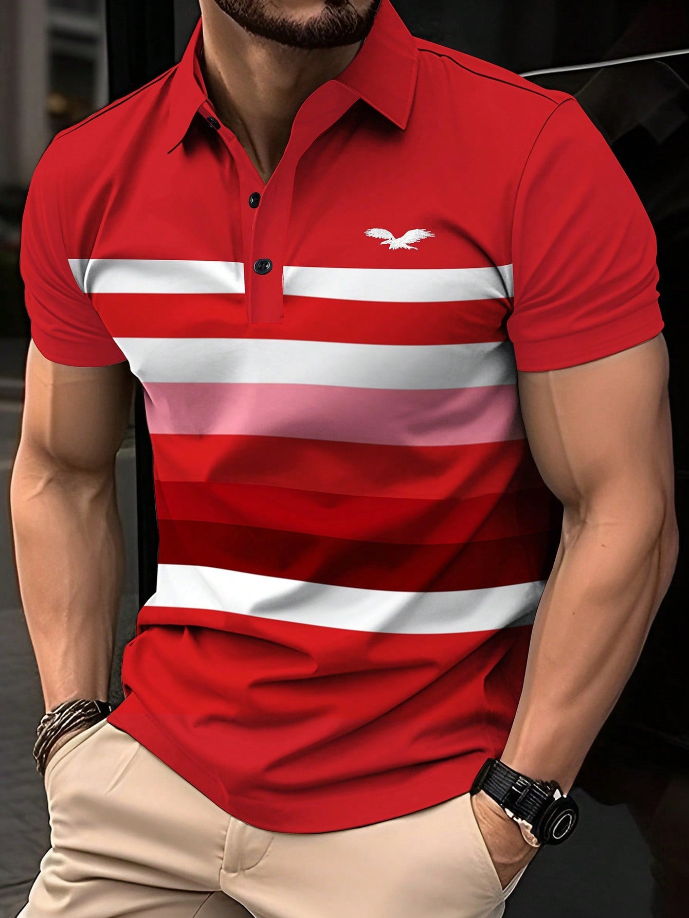 Men's Fashion Contrast Color Striped Short-Sleeved Polo Shirt