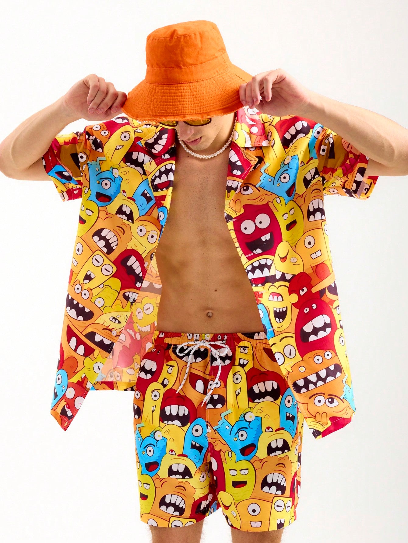 Men's Summer Cartoon Printed Short Sleeve Casual Shirt And Shorts Beach Set