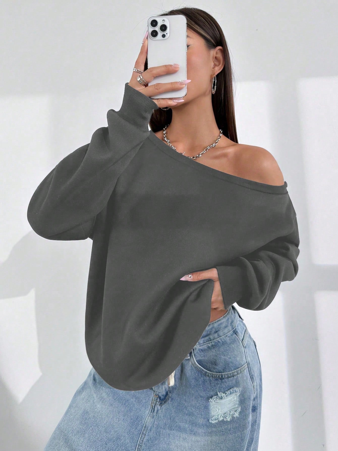 Solid Color Irregular Drop Shoulder Sweatshirt