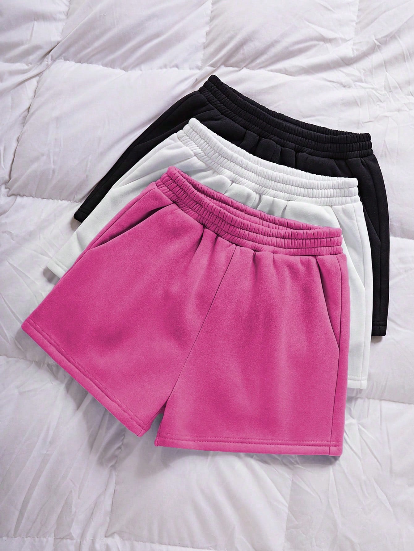 3pcs Solid Elastic Waist Track Shorts