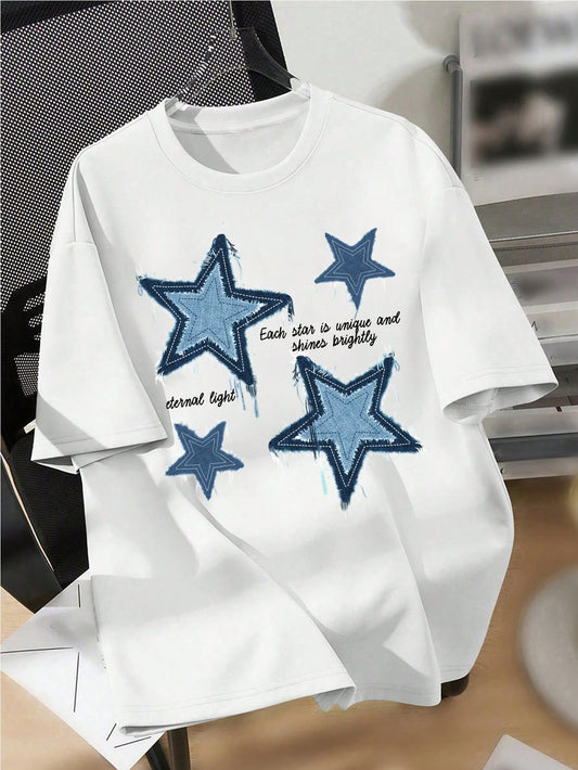 Tween Boy Casual Simple Pentagram Pattern Short Sleeve Round Neck T-Shirt Suitable For Summer