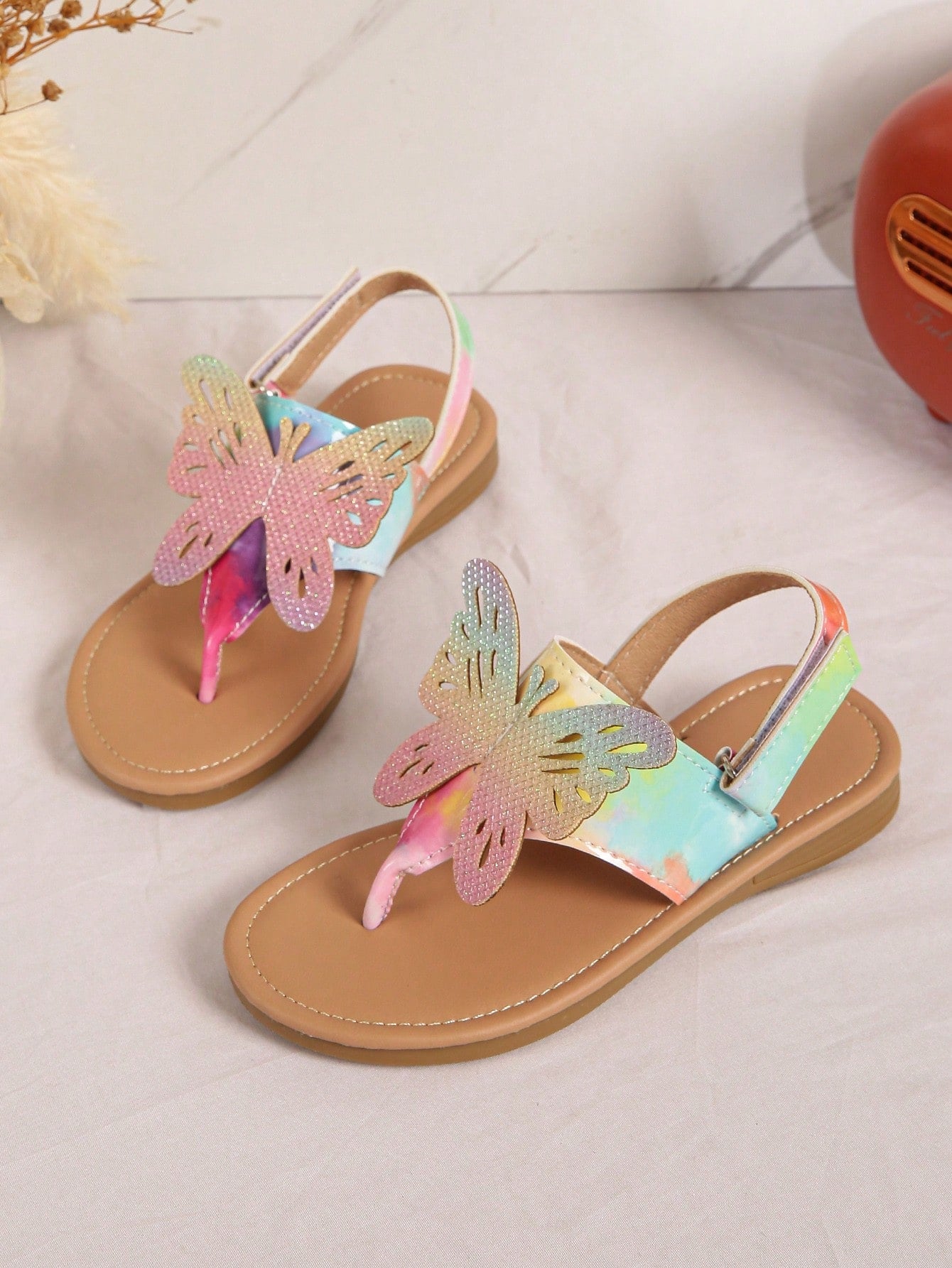 Girls' Butterfly Flat Flip Flops, Suitable For Summer