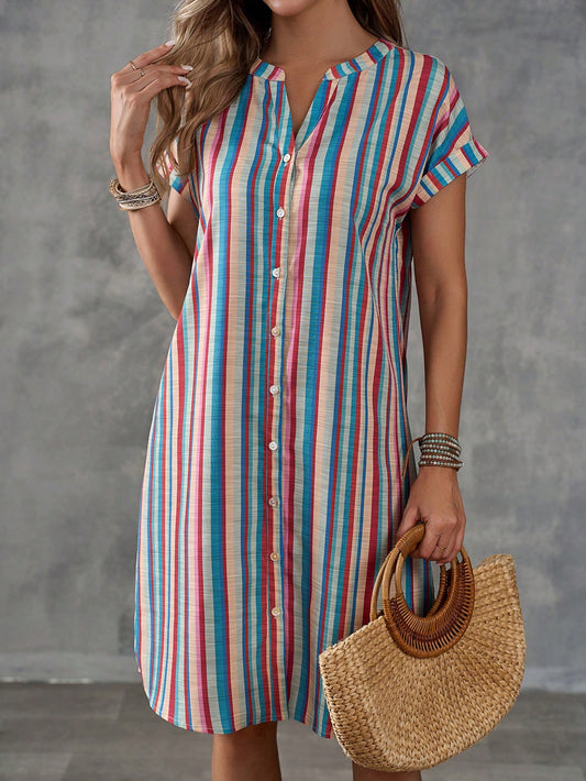 Women's Summer Holiday Casual Colorful Striped Notched Neck Dress With Button Front