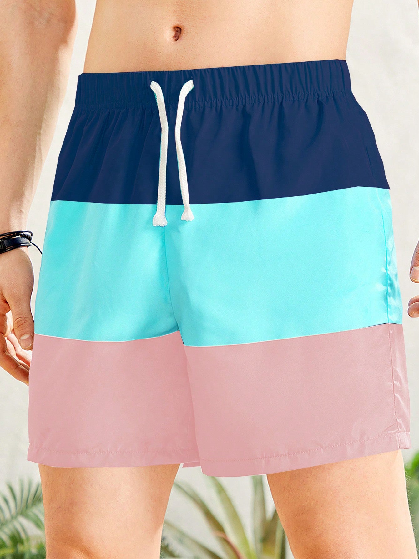 Teen Boy Casual Sporty Color Block Printed Swim Trunks, Beach Vacation Athletic Woven Shorts For Summer